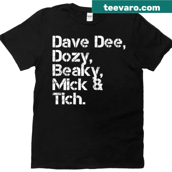 Illustrated design of Dave Dee Dozy Beaky Mick and Tich band members on t-shirt