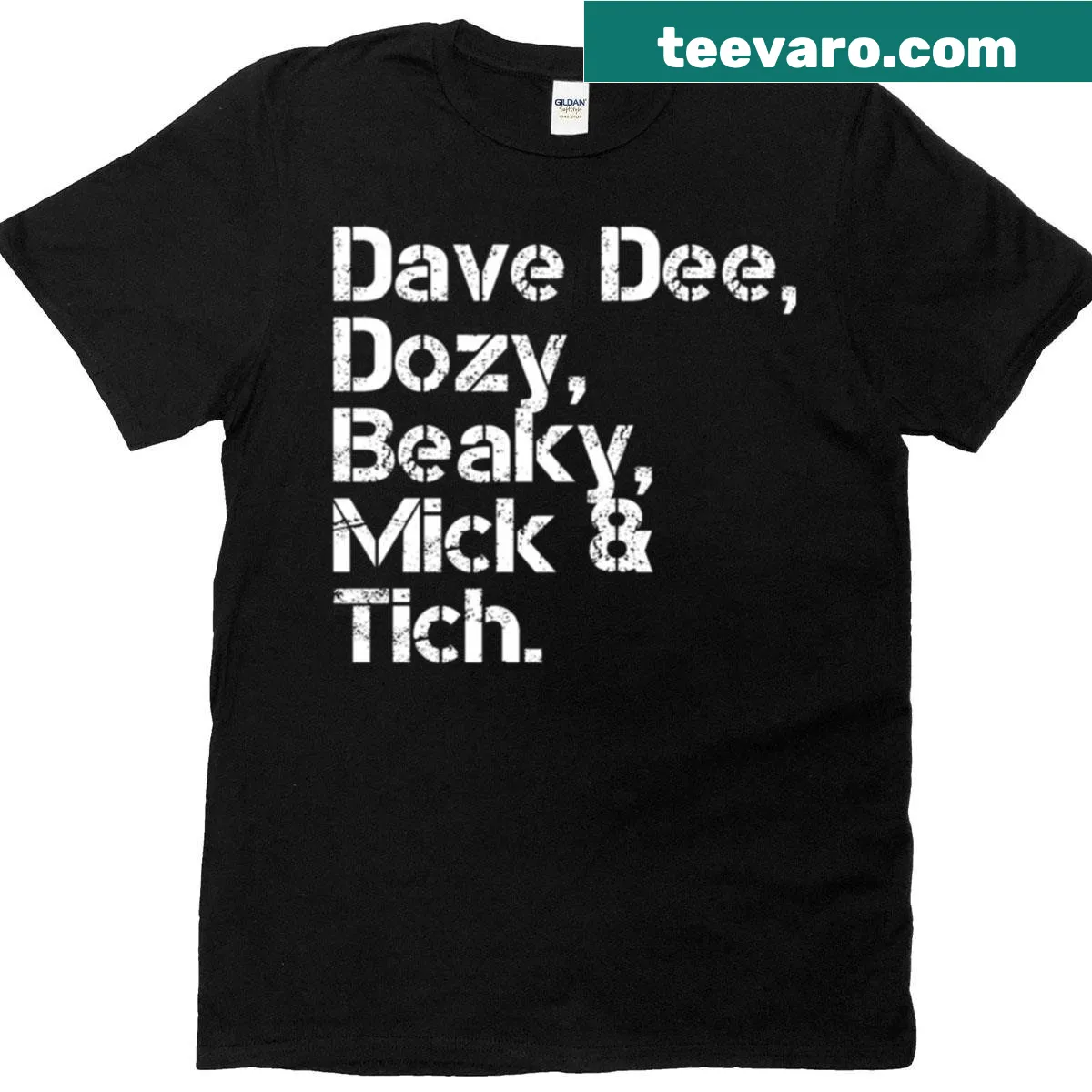 Illustrated design of Dave Dee Dozy Beaky Mick and Tich band members on t-shirt — on a men's t-shirt