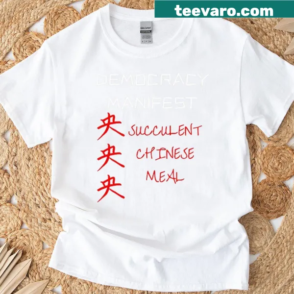 T-shirt featuring bold typography with 'Democracy Manifest' text