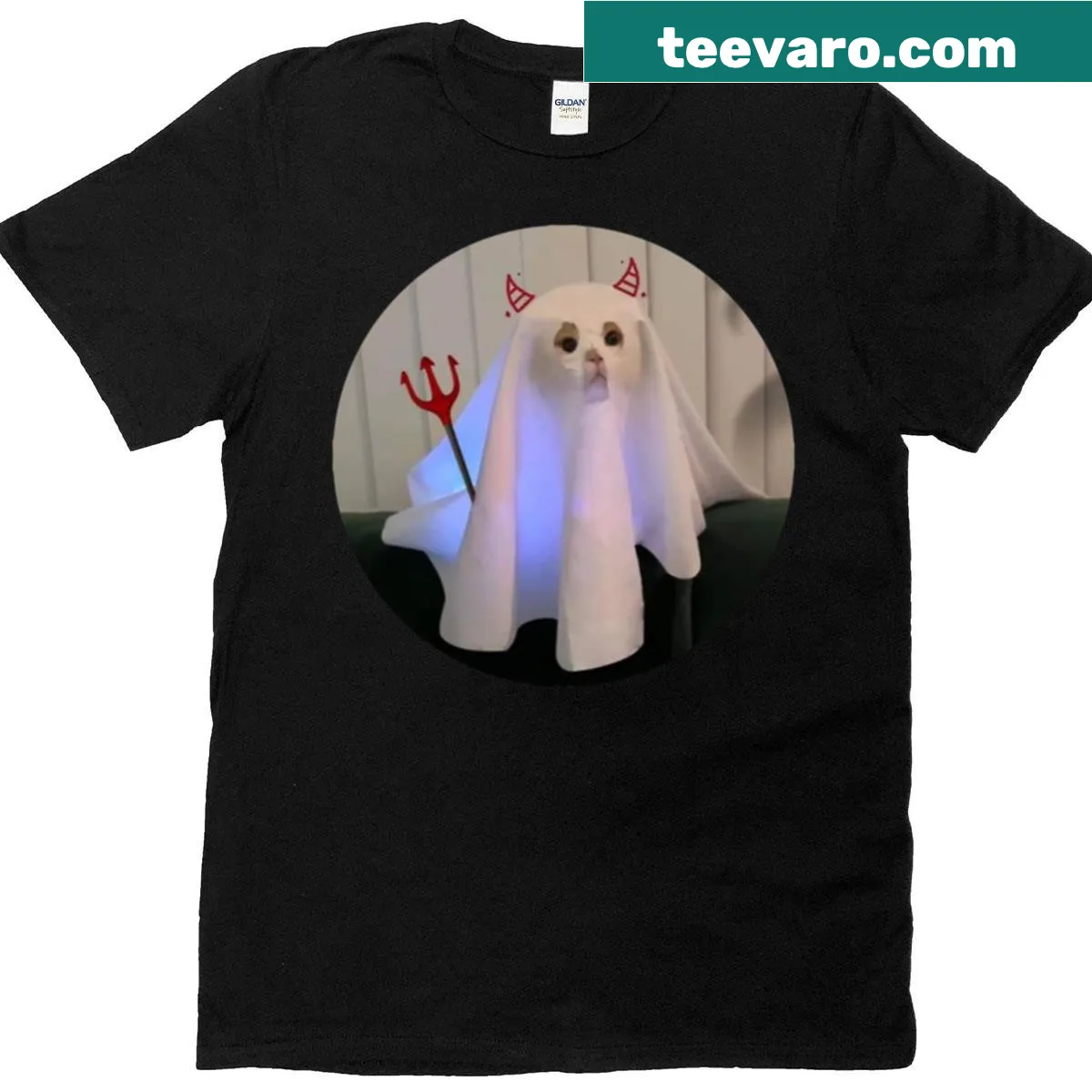 Cute spooky t-shirt featuring a devil ghost cat design for Halloween — on a men's t-shirt
