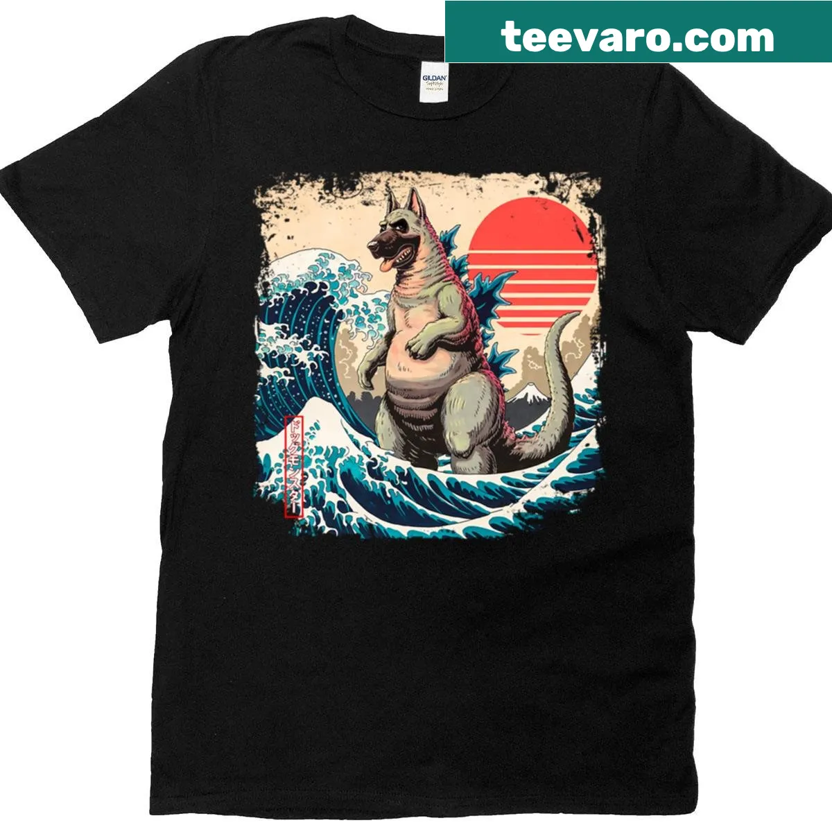 Anime-style T-shirt of a German Shepherd in Great Wave parody — on a men's t-shirt