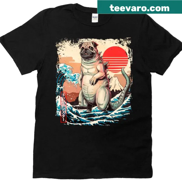 Pug dog cartoon in an anime-style Great Wave parody