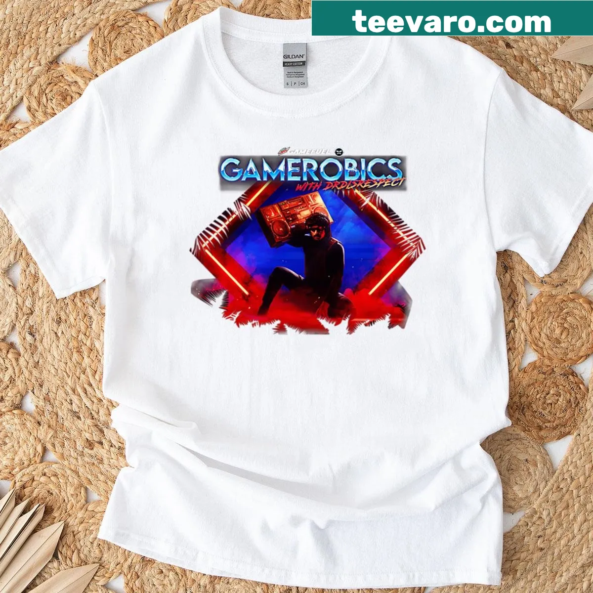 Funny T-shirt featuring humorous illustrations related to gaming and fitness — on a men's t-shirt