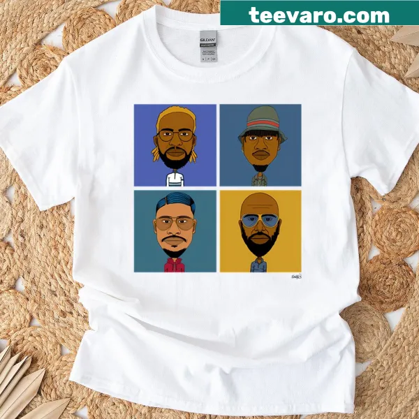 Illustrated portraits of four French rappers on a t-shirt