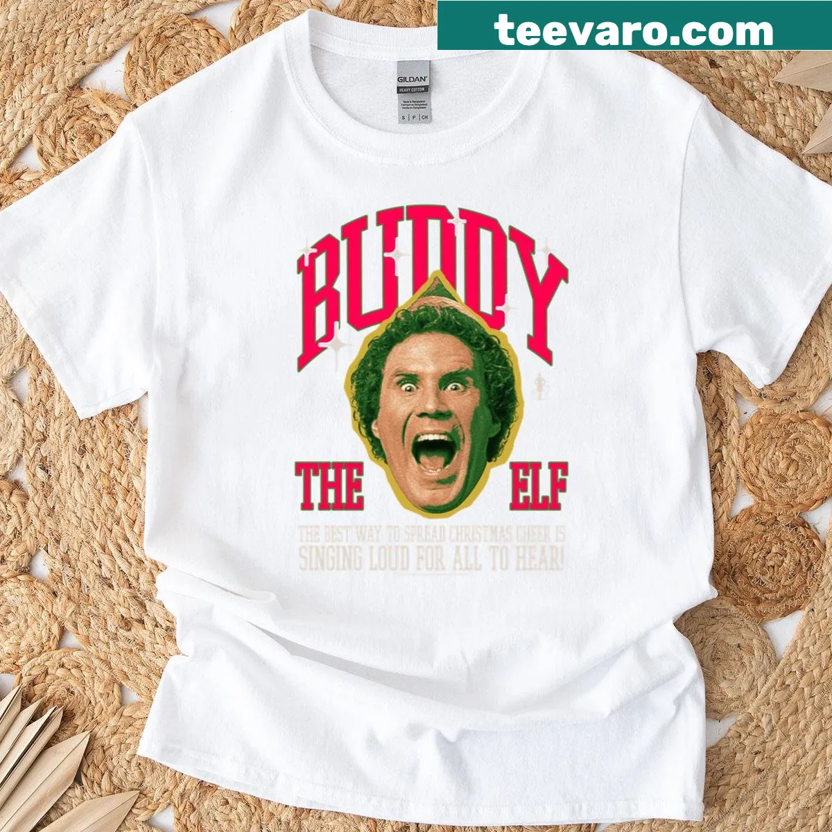 Christmas t-shirt featuring Buddy from a holiday movie — on a men's t-shirt