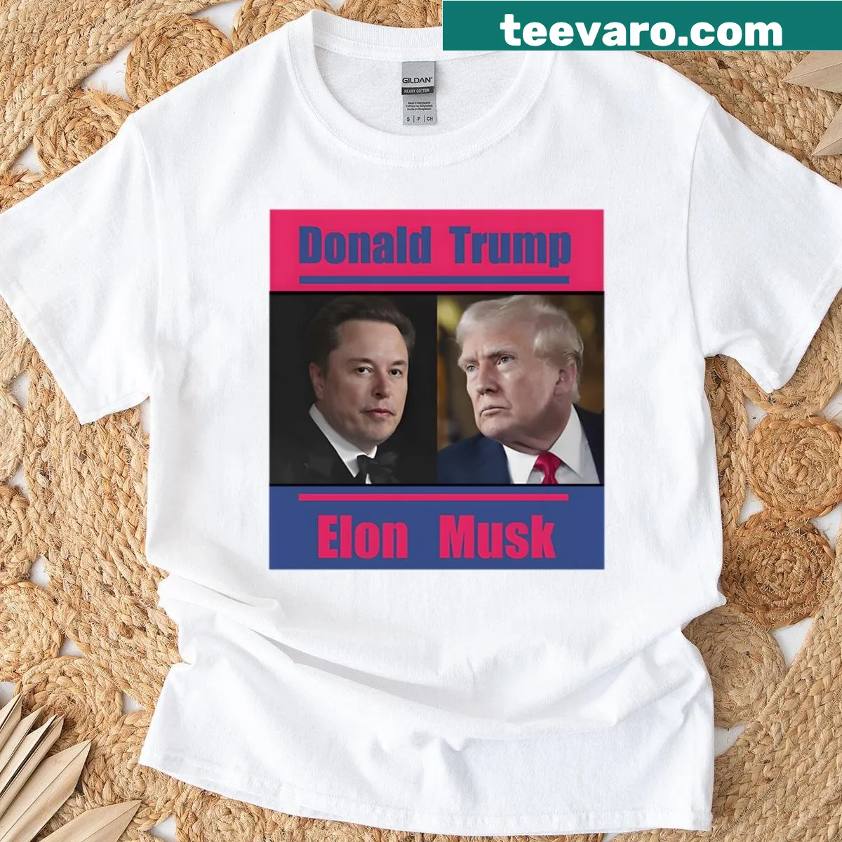 Funny graphic T-shirt featuring Elon Musk and Donald Trump. — on a men's t-shirt