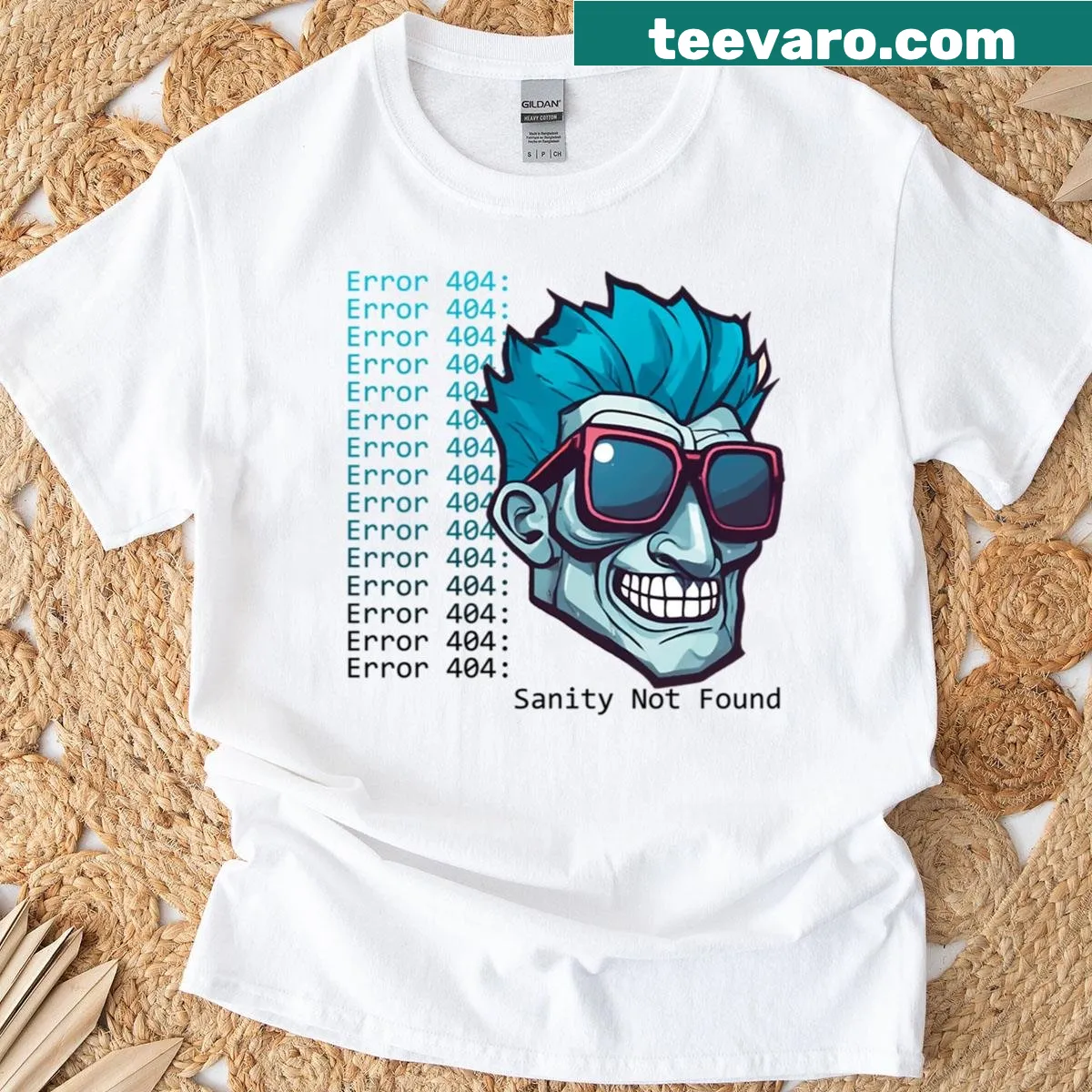 Pop art-inspired blue glitch head graphic with error message. — on a men's t-shirt