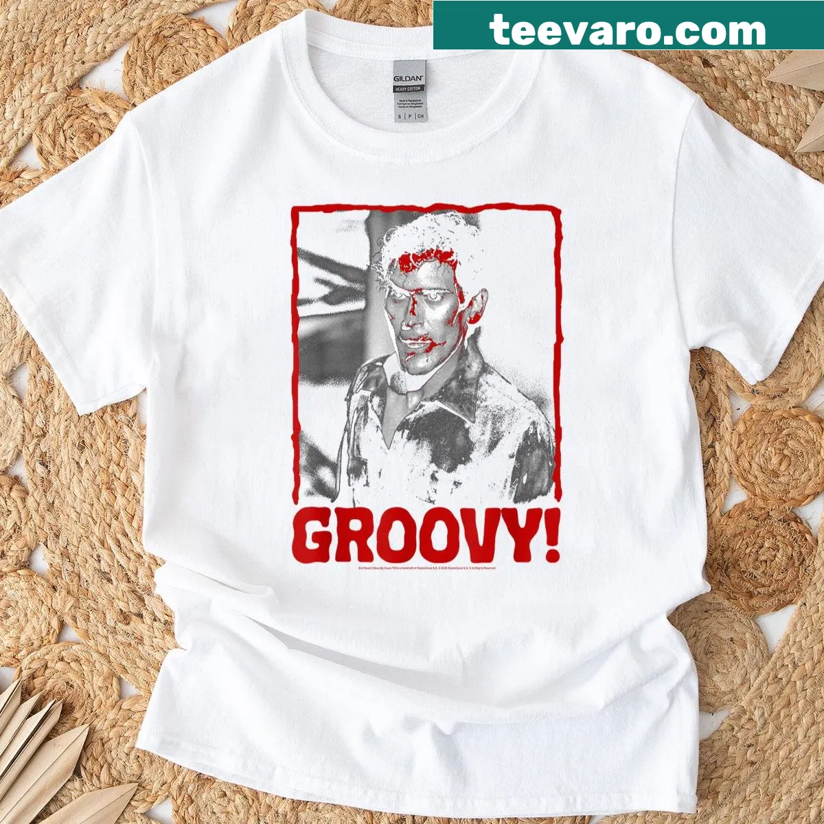 Ash from Evil Dead 2 in a bloody pop-art design — on a men's t-shirt