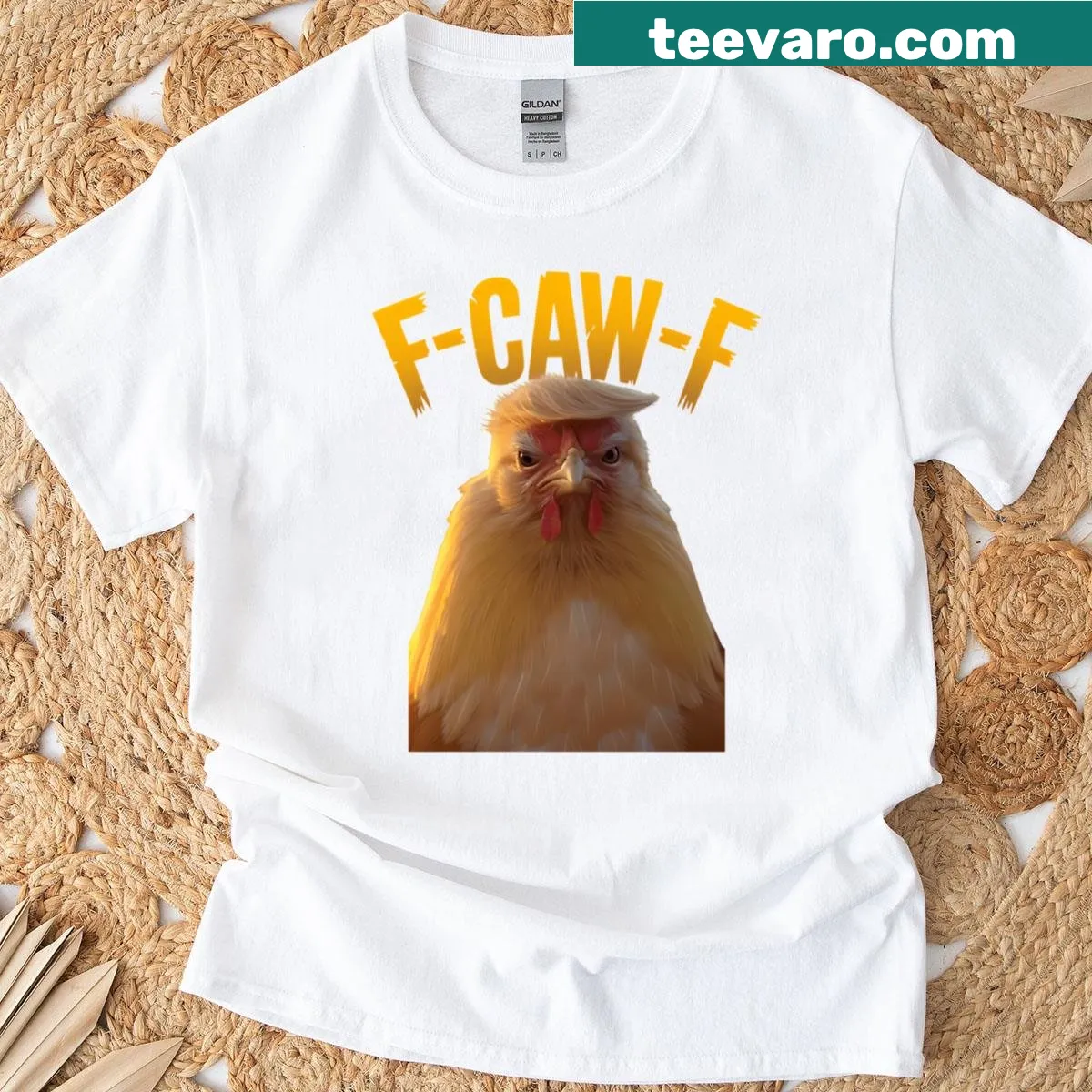 Funny chicken graphic with humorous F-caw-f quote on T-shirt — on a men's t-shirt