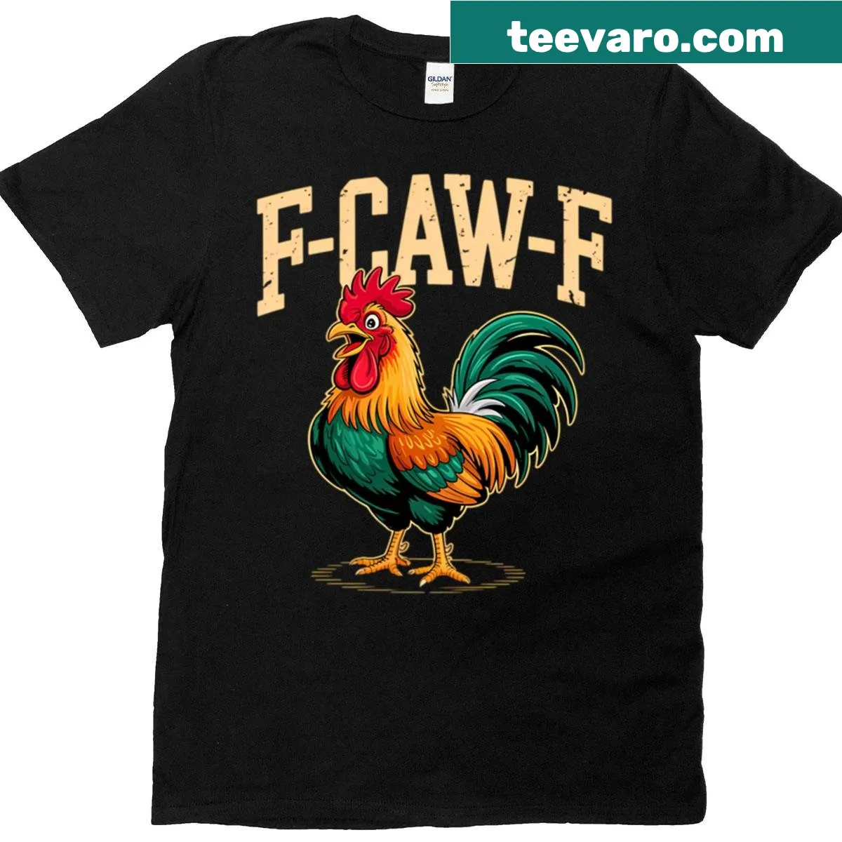Funny rooster design on oversized t-shirt for both men and women. — on a men's t-shirt