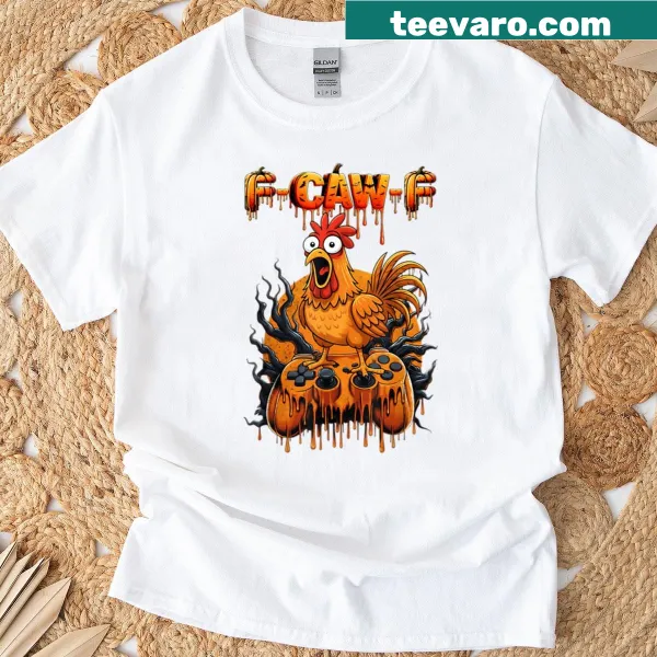 Cartoon rooster and pumpkin graphic on a Halloween gaming t-shirt