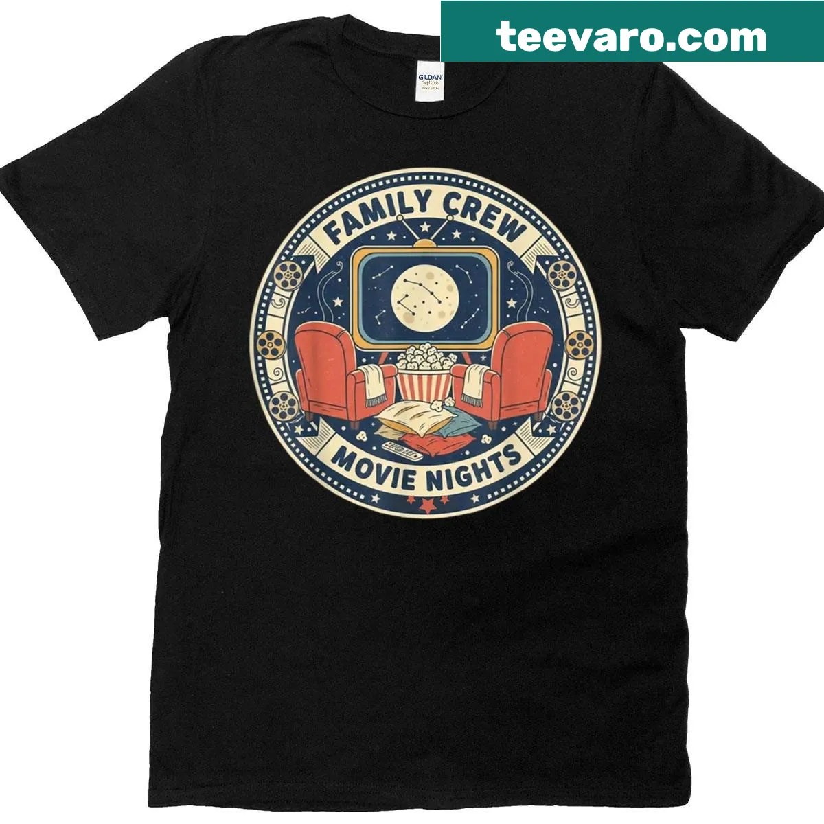 Cozy family movie night t-shirt with retro cinema theme and popcorn — on a men's t-shirt