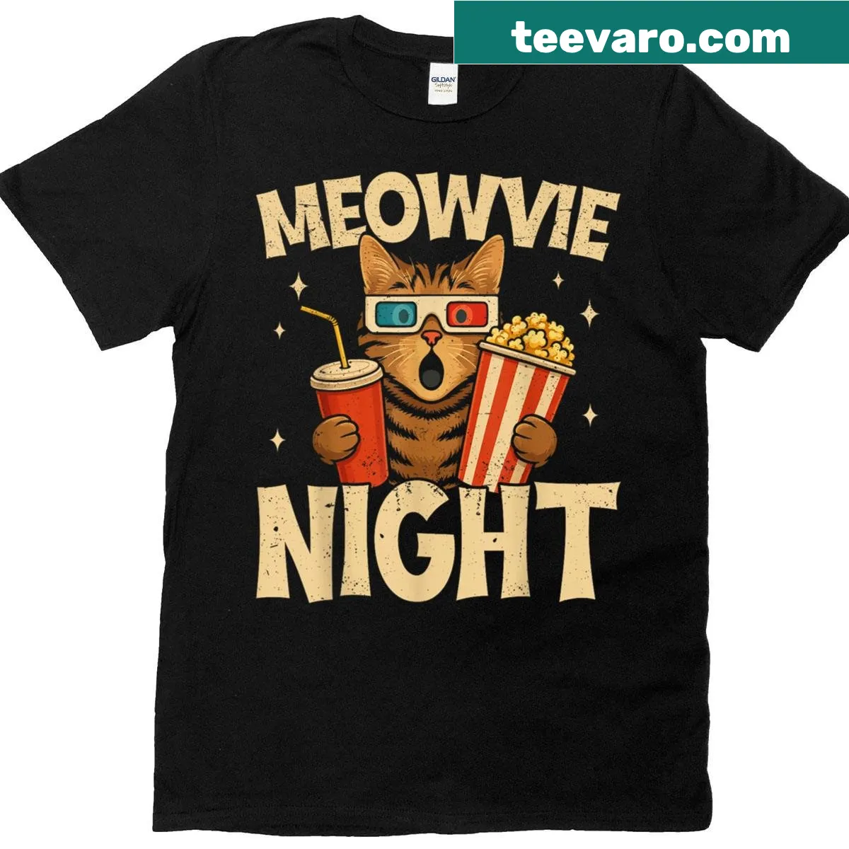 Cute cat illustration for family movie nights on a t-shirt. — on a men's t-shirt