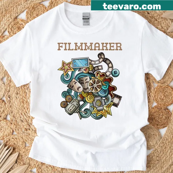 Playful illustration of a film reel and camera on a filmmaker t-shirt