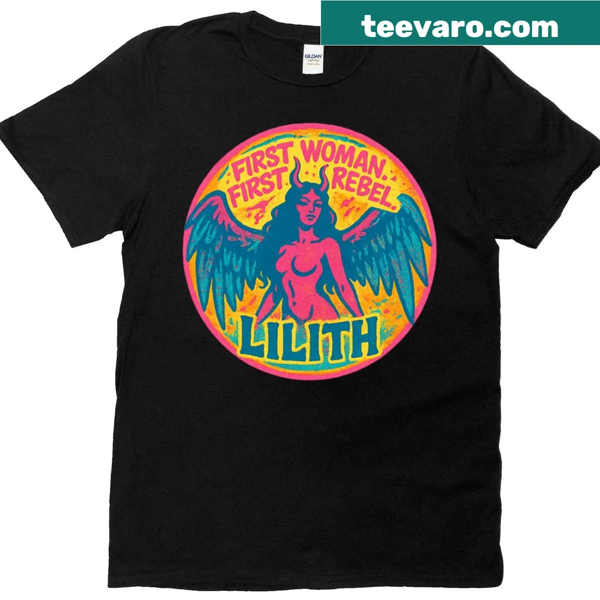 Bold typography shirt stating 'First Woman First Rebel' for empowered women — on a men's t-shirt