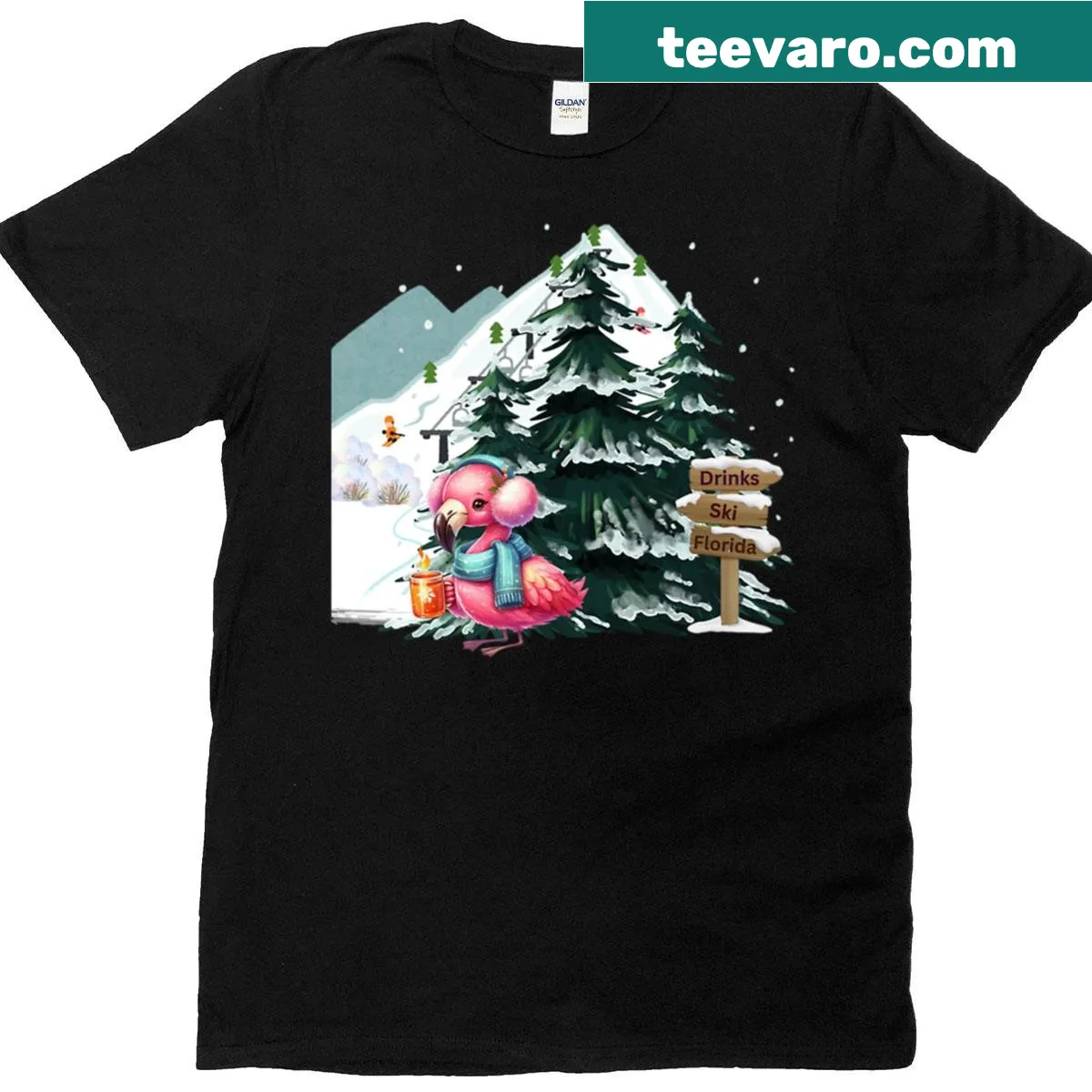 Playful flamingo skiing design on a winter-themed t-shirt — on a men's t-shirt