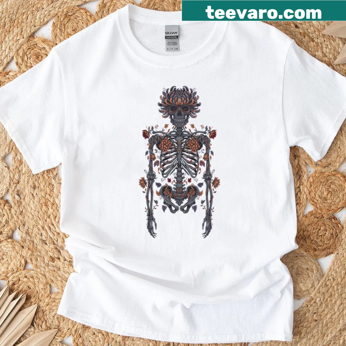 Floral Skeleton graphic T-shirt with intricate floral designs on a skull — on a men's t-shirt