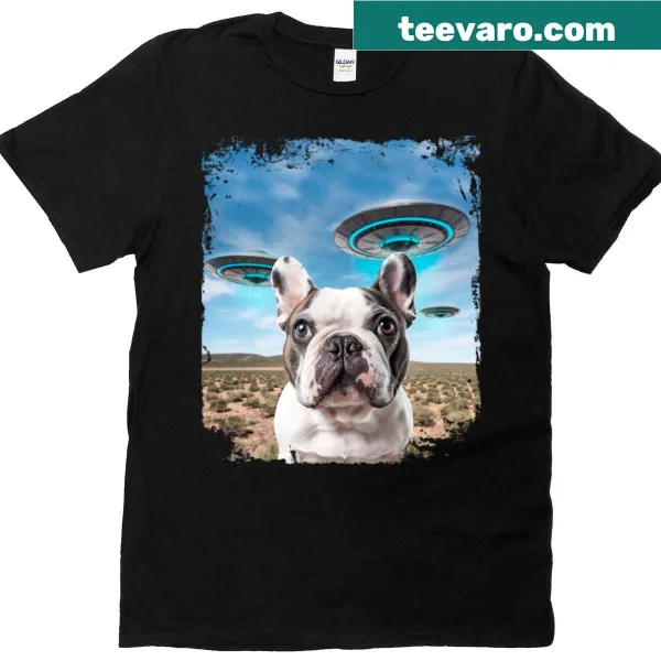 French Bulldog being abducted by a UFO in a playful graphic.