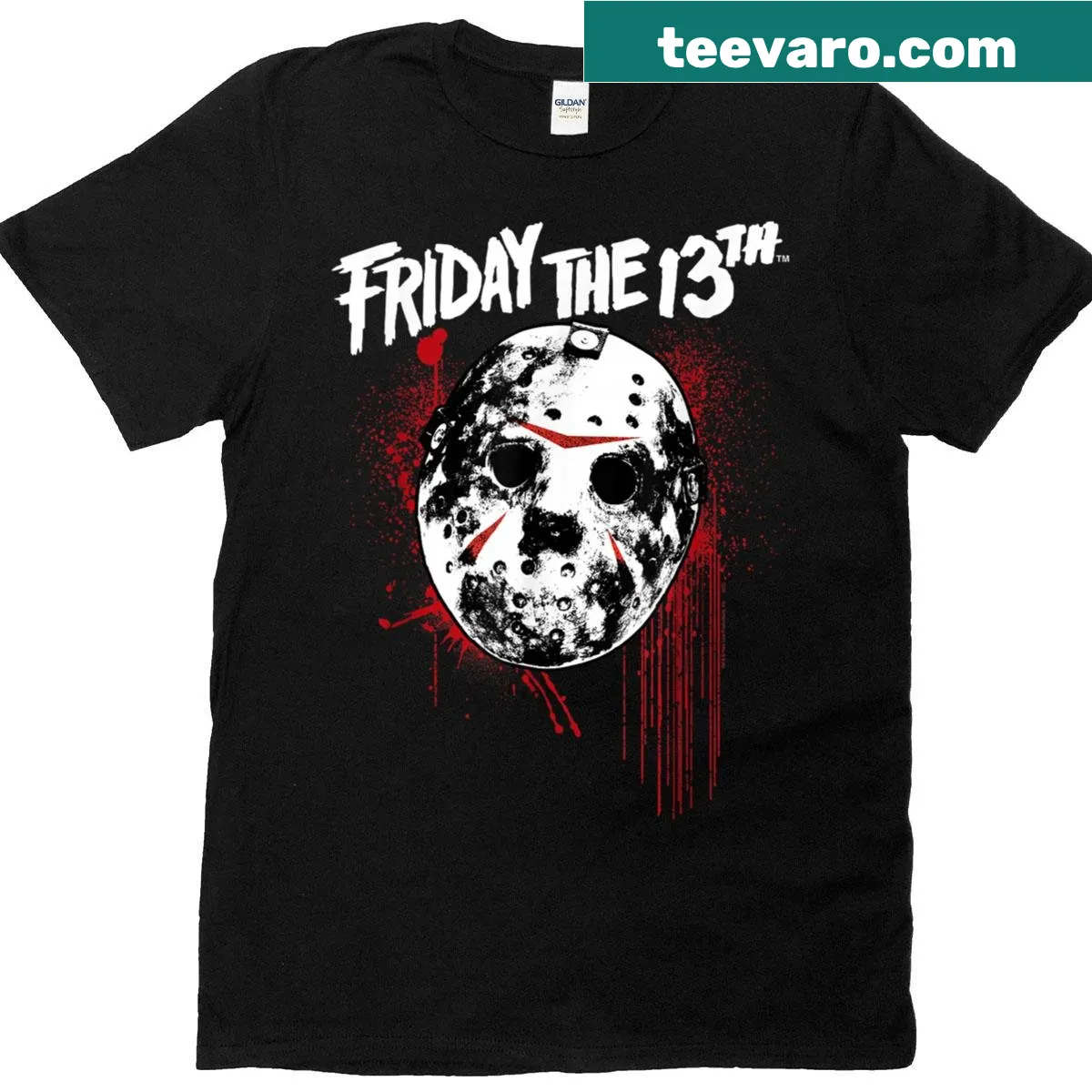 Horror movie T-shirt featuring Jason mask and blood splatter — on a men's t-shirt