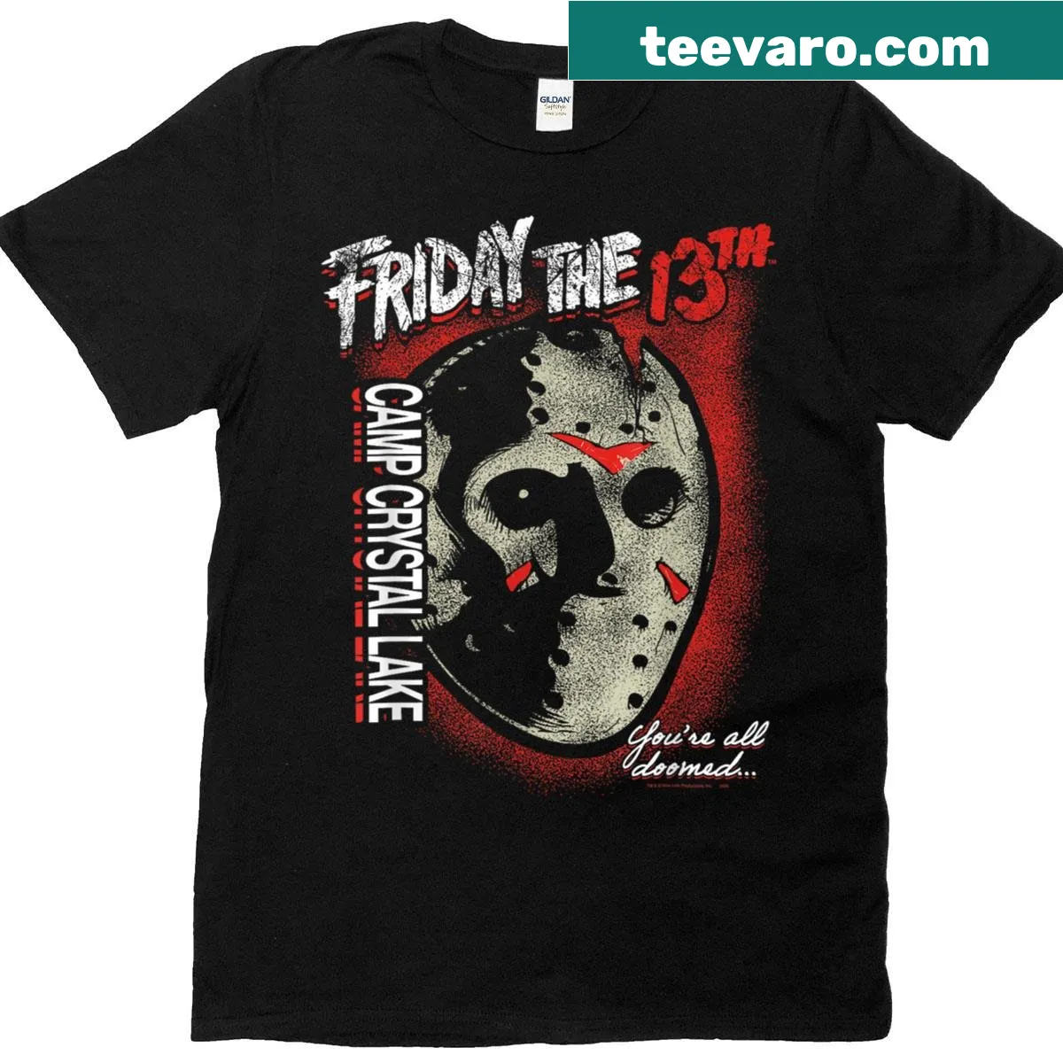 Horror T-shirt featuring Jason's mask and 'You're All Doomed' text — on a men's t-shirt