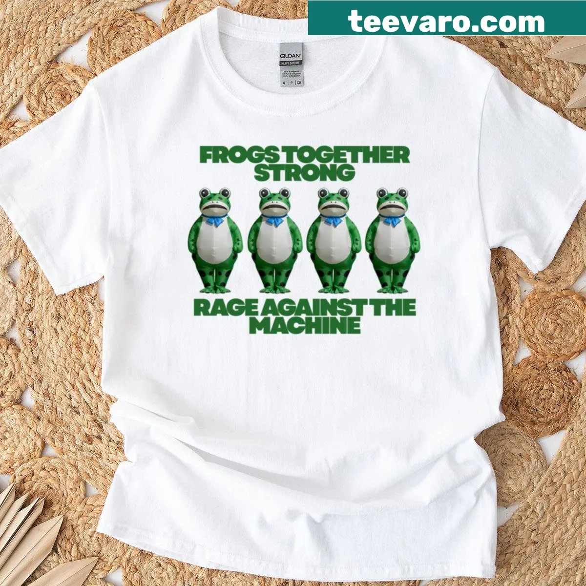 Graphic T-shirt featuring frogs and the phrase 'Rage Against The Machine' — on a men's t-shirt