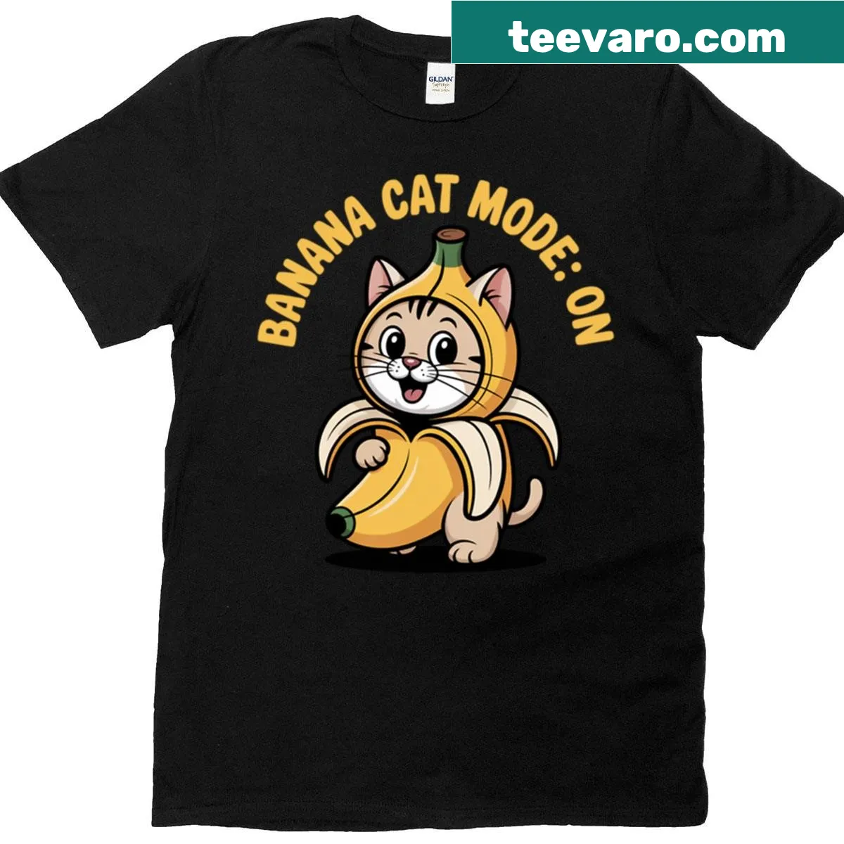 Whimsical t-shirt featuring a funny banana cat cartoon design — on a men's t-shirt