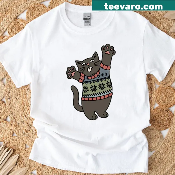 Cartoon Christmas cat t-shirt with festive holiday theme