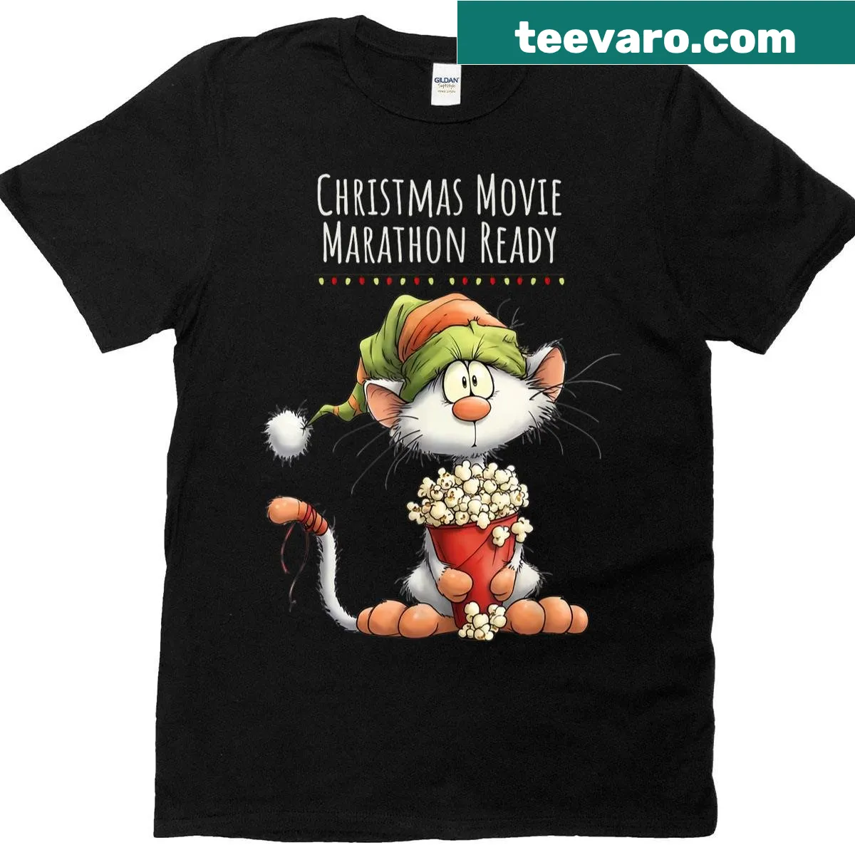Humorous Christmas cat movie marathon T-shirt design — on a men's t-shirt
