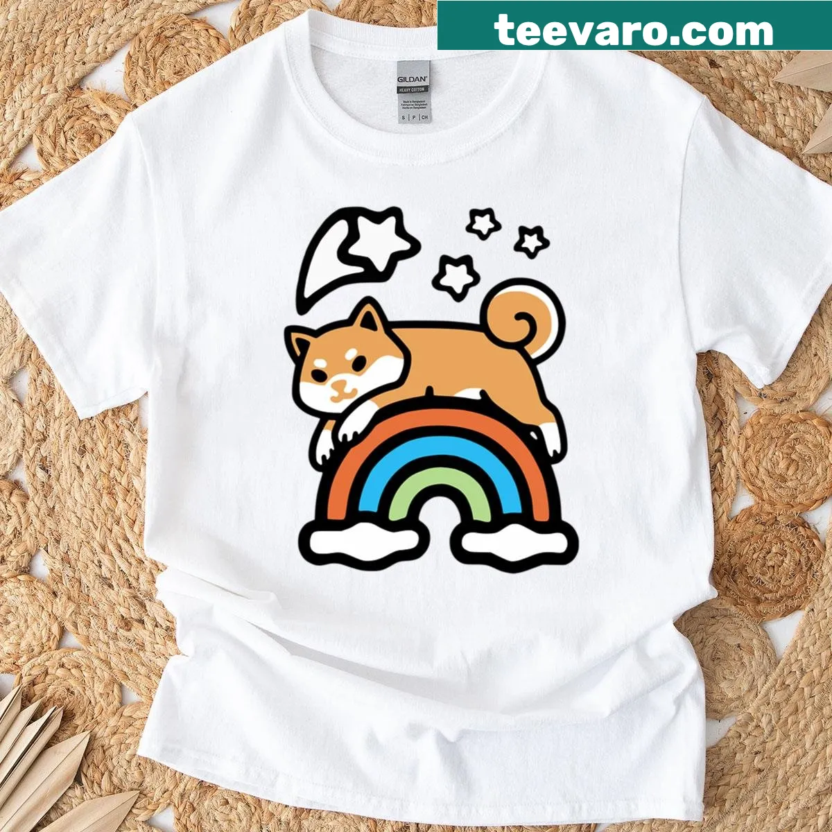 Cartoon Shiba Inu T-shirt with clouds and stars — on a men's t-shirt