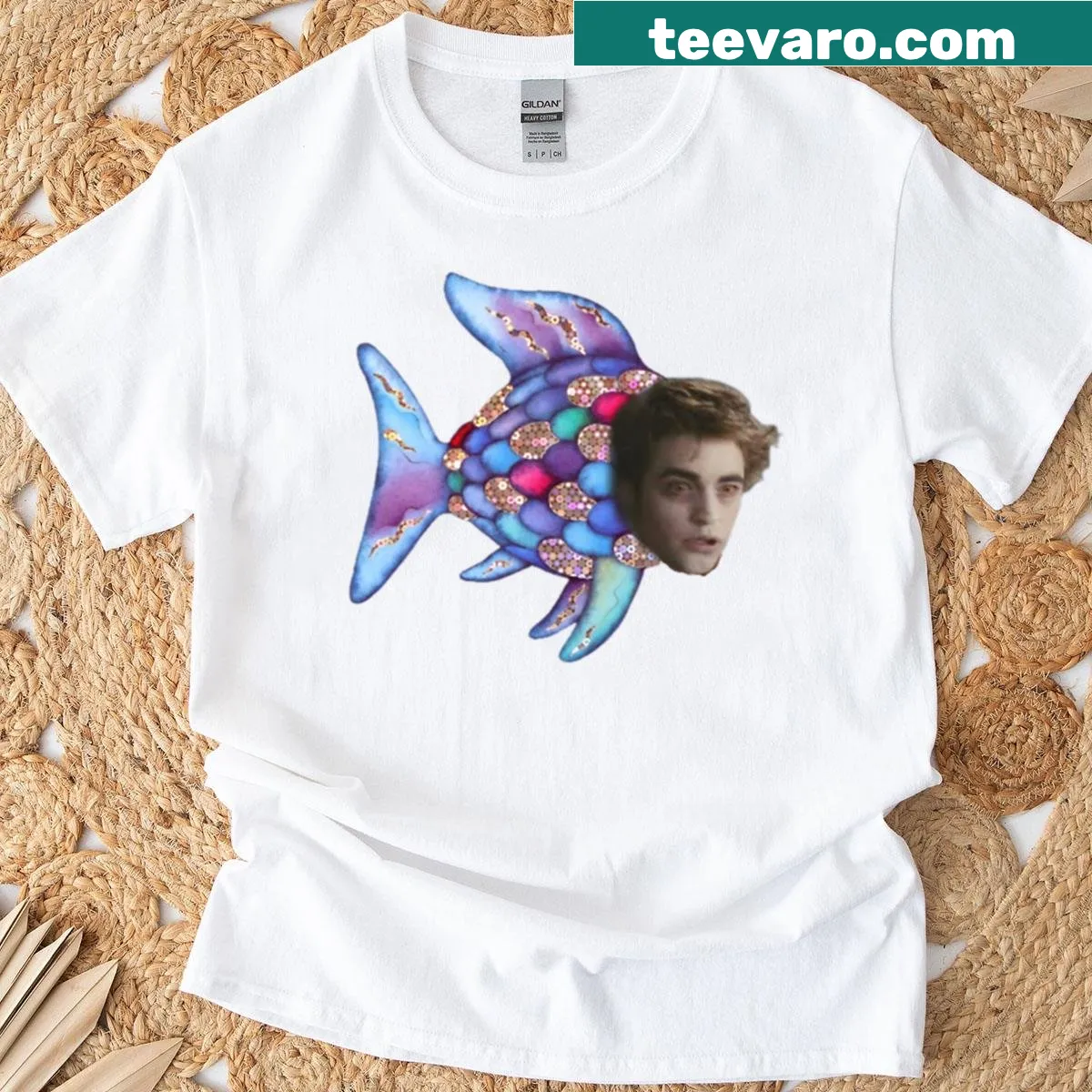 Playful Edward Fish graphic with sparkles on a vintage tee — on a men's t-shirt