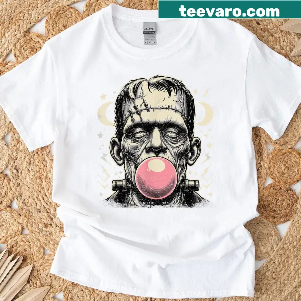 Vintage Halloween T-shirt with a funny Frankenstein monster and bubble gum