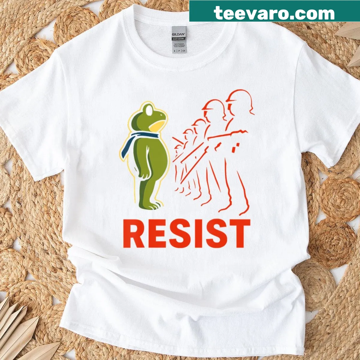 Funny t-shirt with retro frog and protest text — on a men's t-shirt