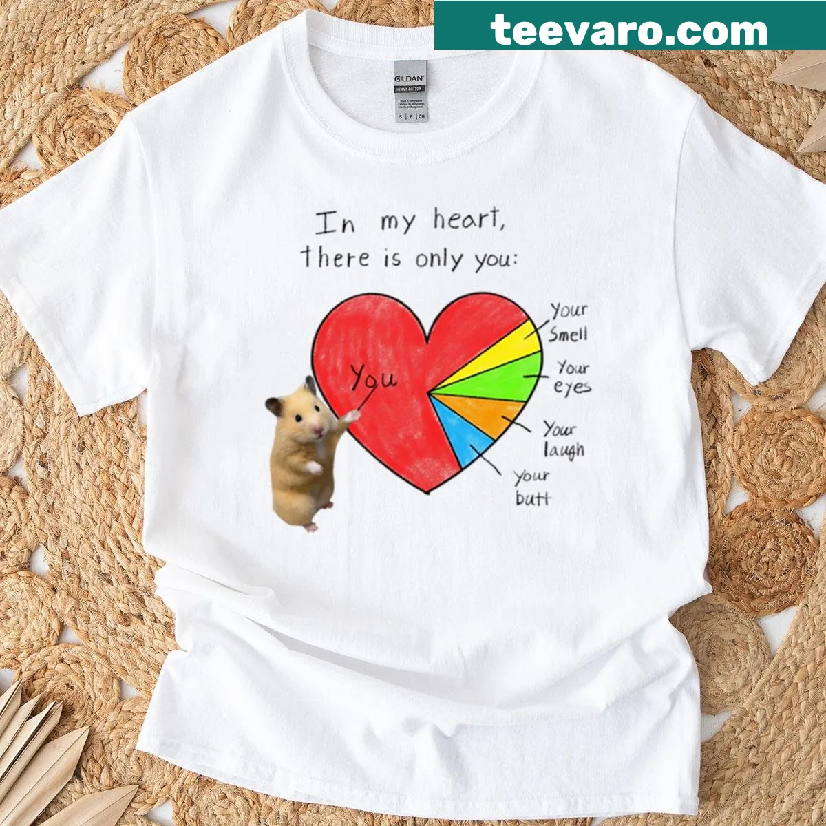 Funny t-shirt with hamster pie chart and heart-themed joke — on a men's t-shirt