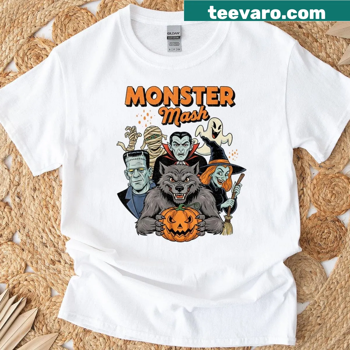 Vintage-inspired T-shirt featuring Frankenstein and monster mash graphics — on a men's t-shirt
