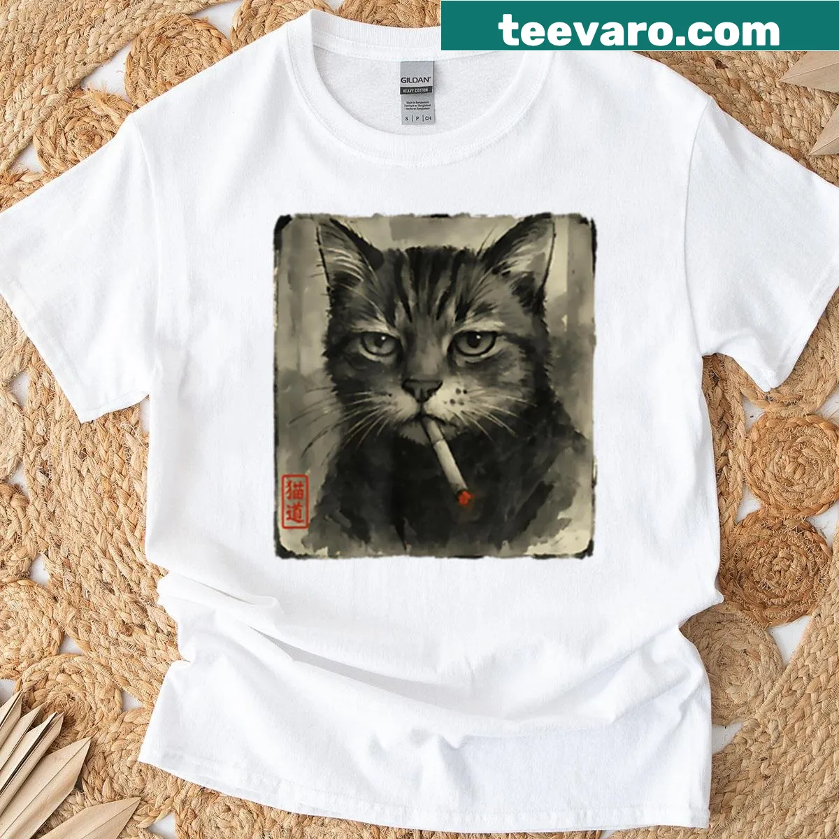 Sad cat illustration with cigarette in Sumi-e style — on a men's t-shirt