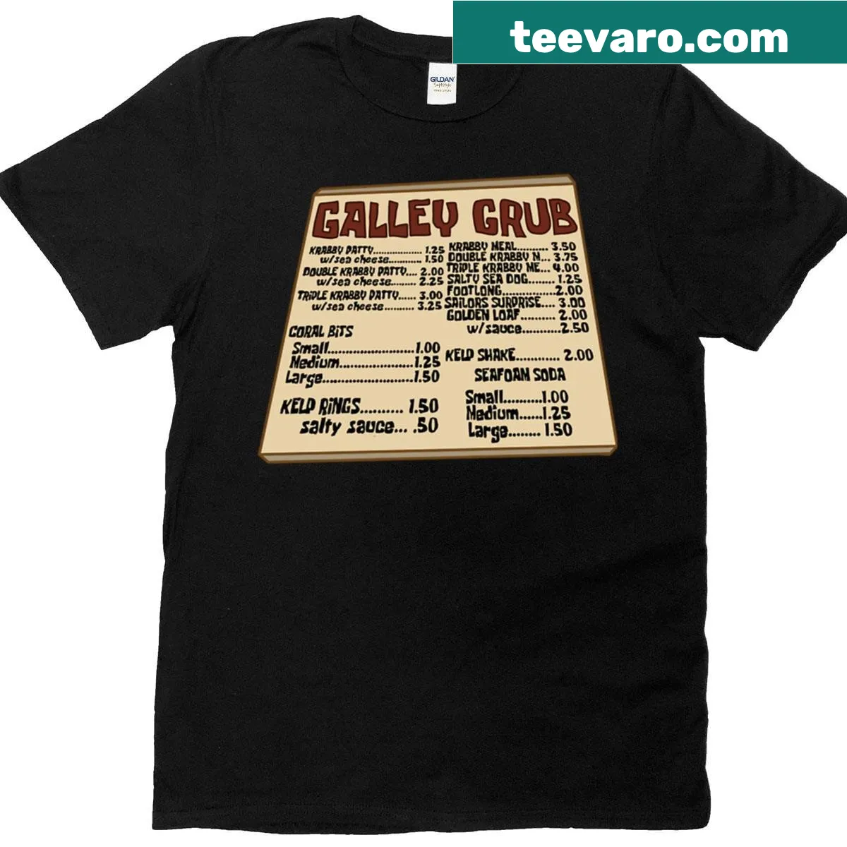 Oversized T-shirt with a whimsical galley grub menu design — on a men's t-shirt