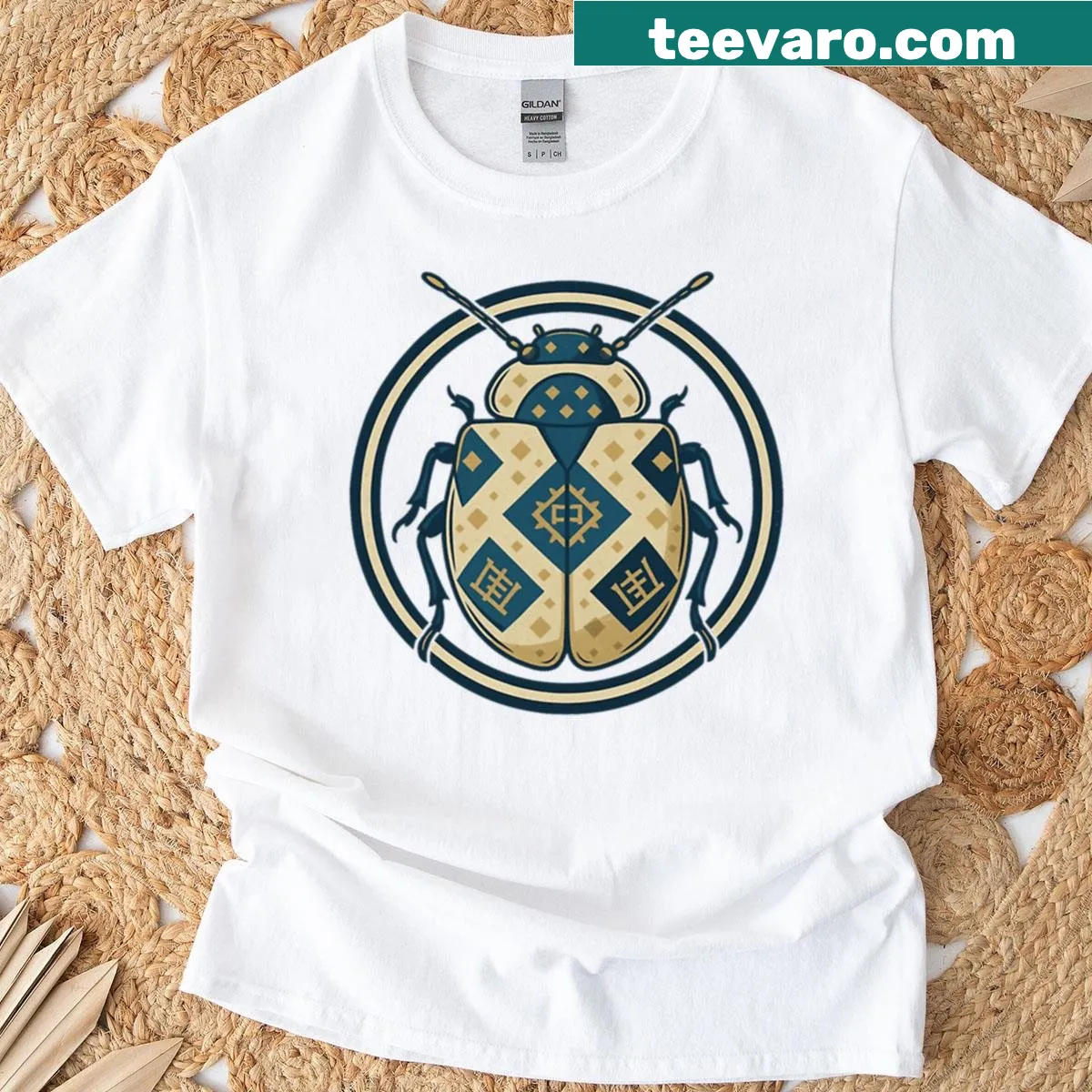 Geometric beetle design in minimalist line-art style — on a men's t-shirt