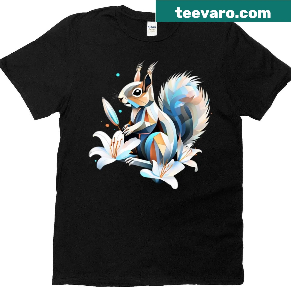 Geometric squirrel illustration with white lilies in a polygonal art style — on a men's t-shirt