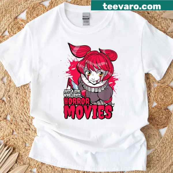 Illustrative T-shirt showing a girl surrounded by horror movie elements