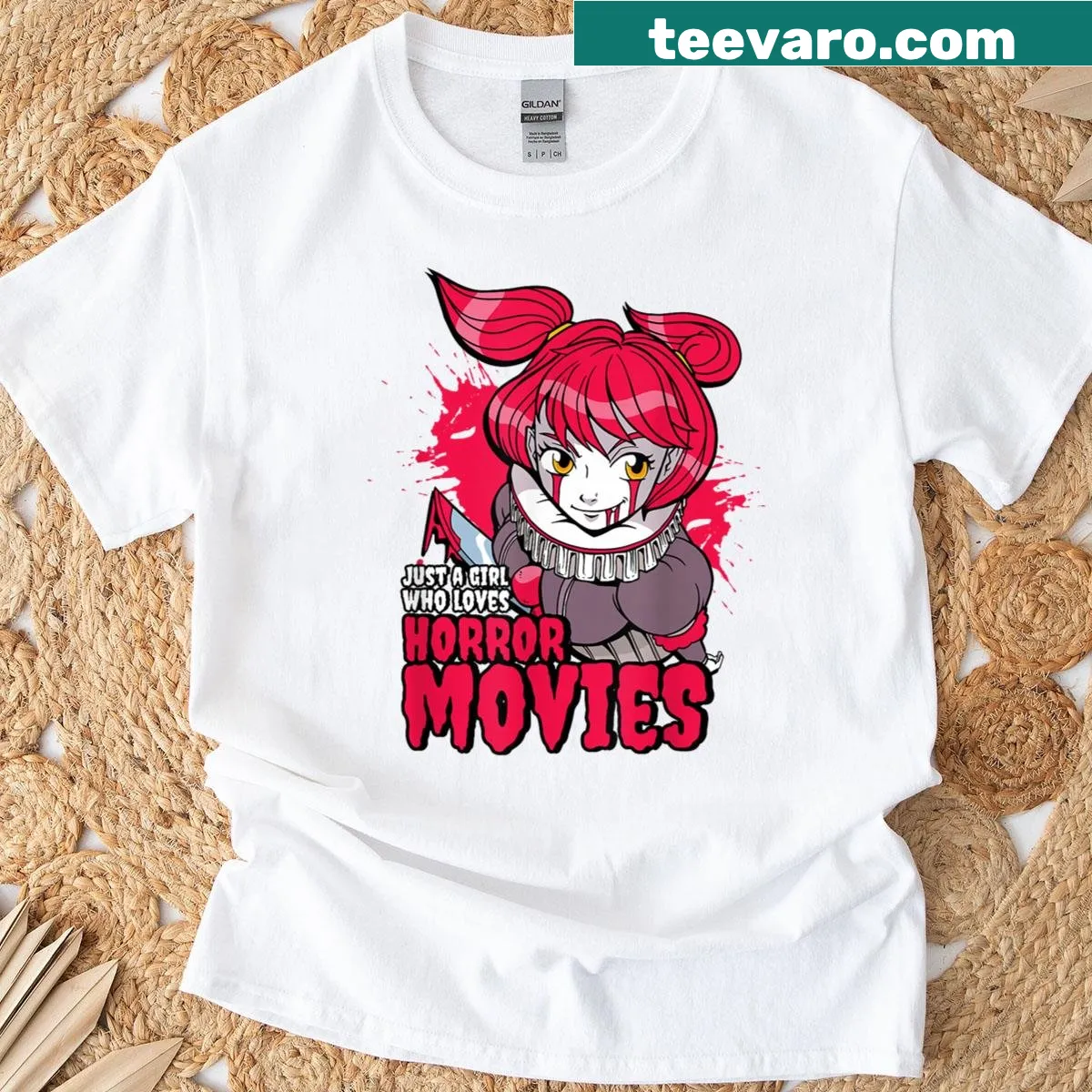 Illustrative T-shirt showing a girl surrounded by horror movie elements — on a men's t-shirt