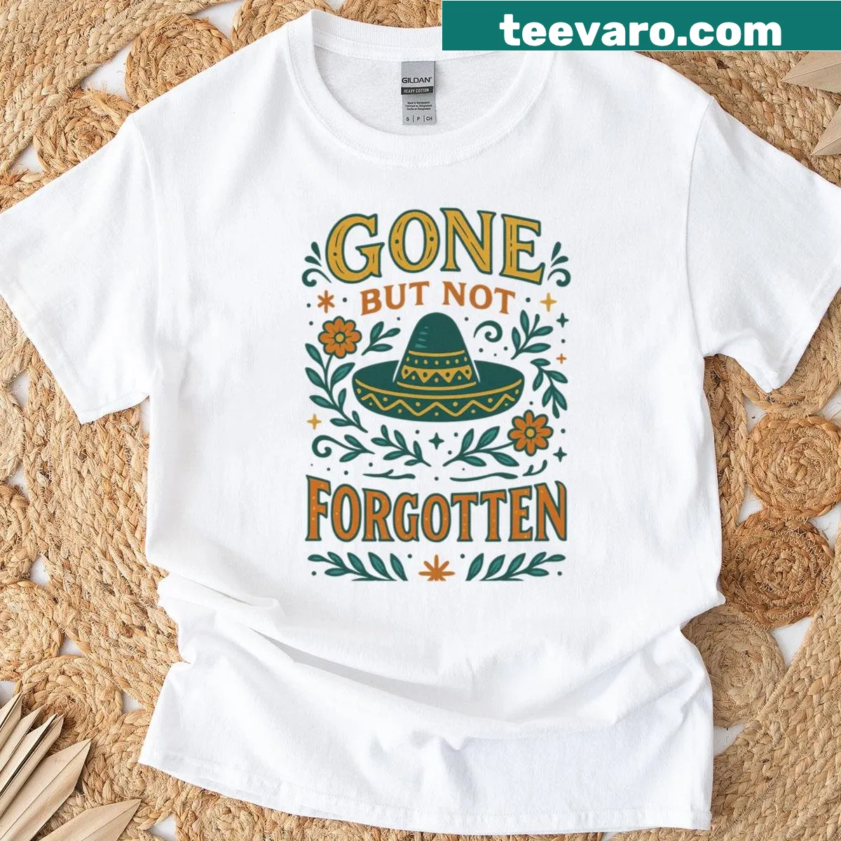 Minimalist design with 'Gone But Not Forgotten' text — on a men's t-shirt