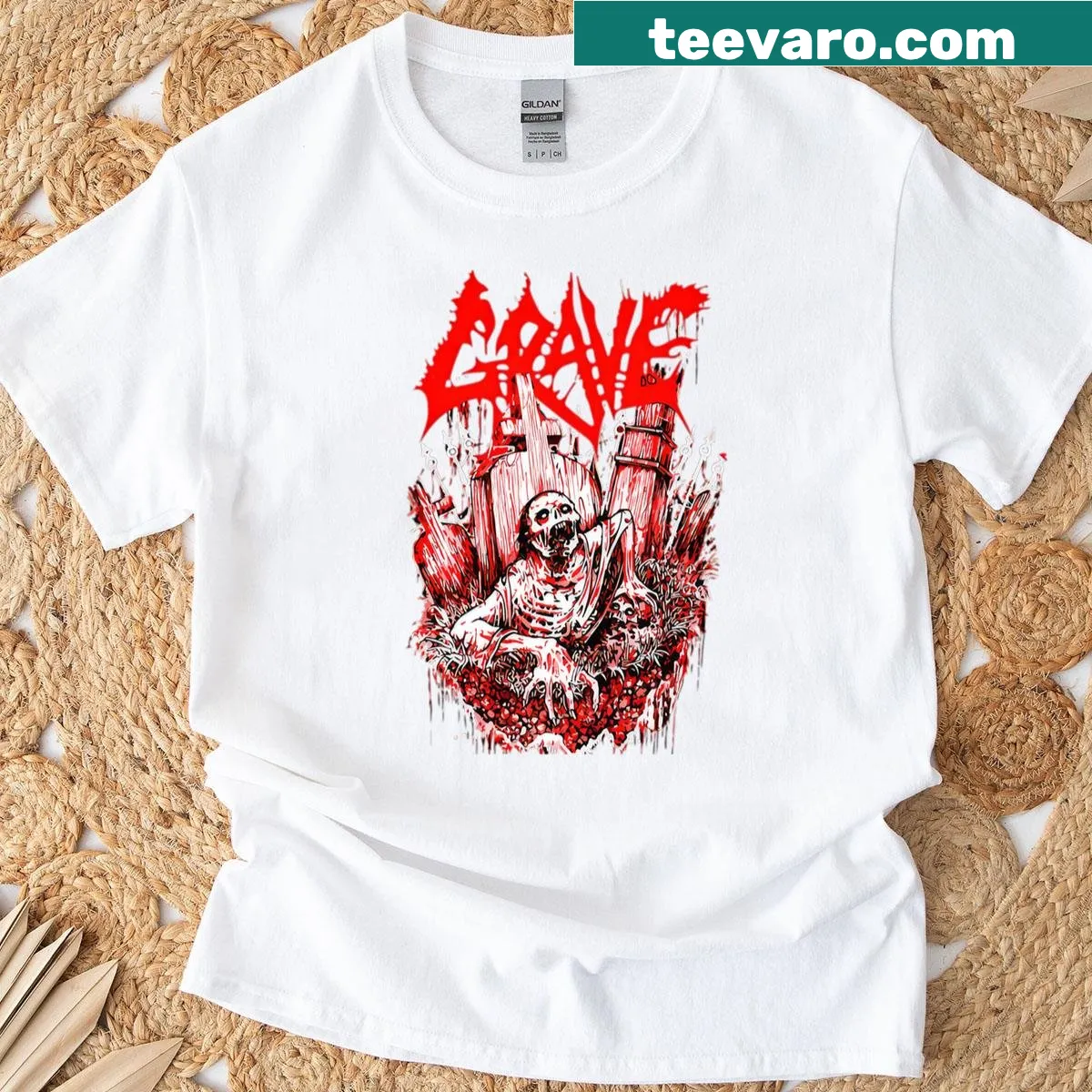 Graphic design representing a fictional Grave Band on a t-shirt — on a men's t-shirt