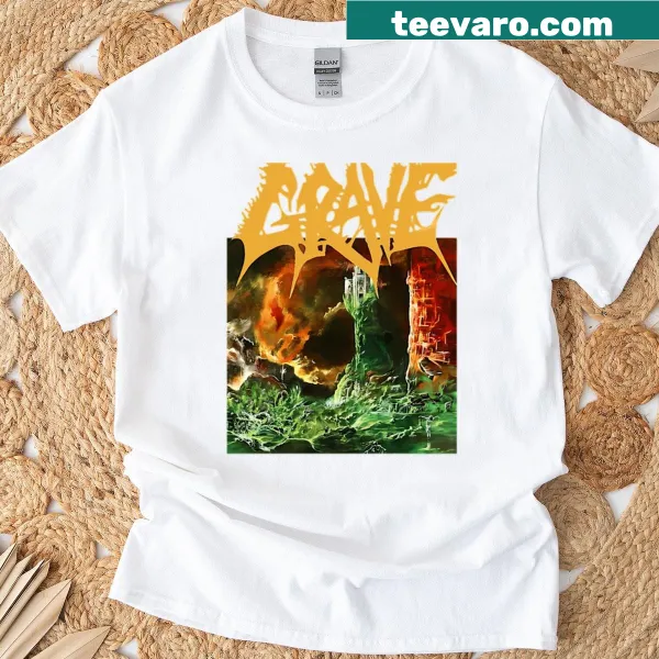 Graphic t-shirt featuring the phrase 'Grave Into The Grave' in a spooky design.