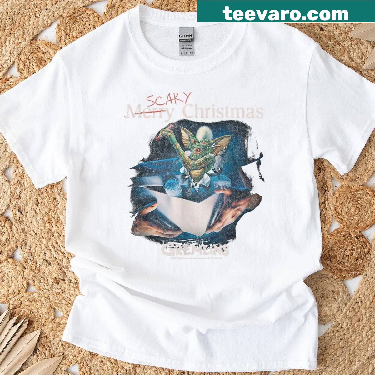 Retro Gremlins movie poster graphic t-shirt for holiday fans — on a men's t-shirt