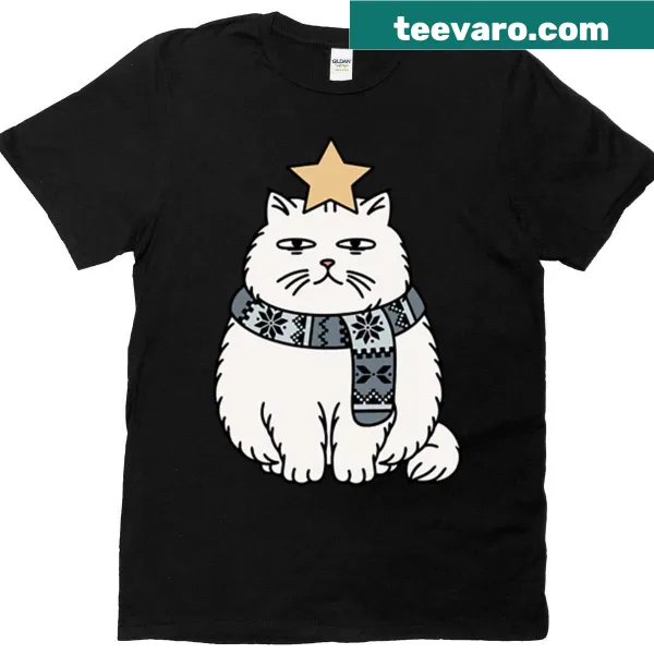 Illustration of a grumpy cat in a Christmas hat on a t-shirt