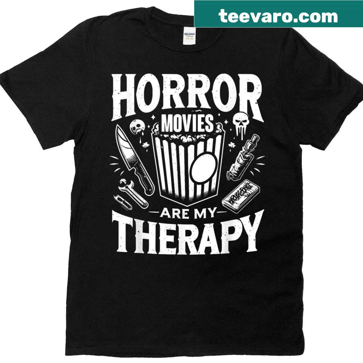 Humorous horror movie therapy illustration t-shirt — on a men's t-shirt
