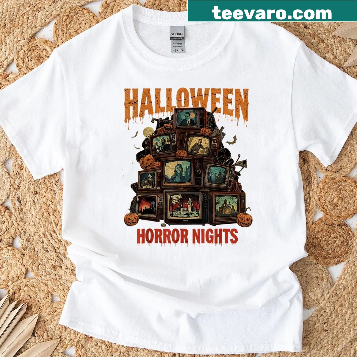 Retro graphic of spooky TV design for Halloween — on a men's t-shirt