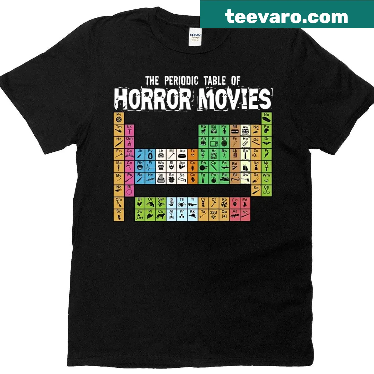 Periodic table-themed T-shirt showcasing horror movie elements — on a men's t-shirt