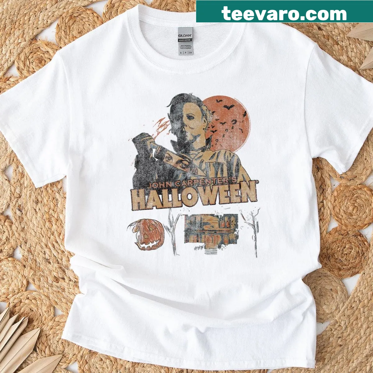 Vintage-inspired Halloween T-shirt with collage of horror movie elements — on a men's t-shirt