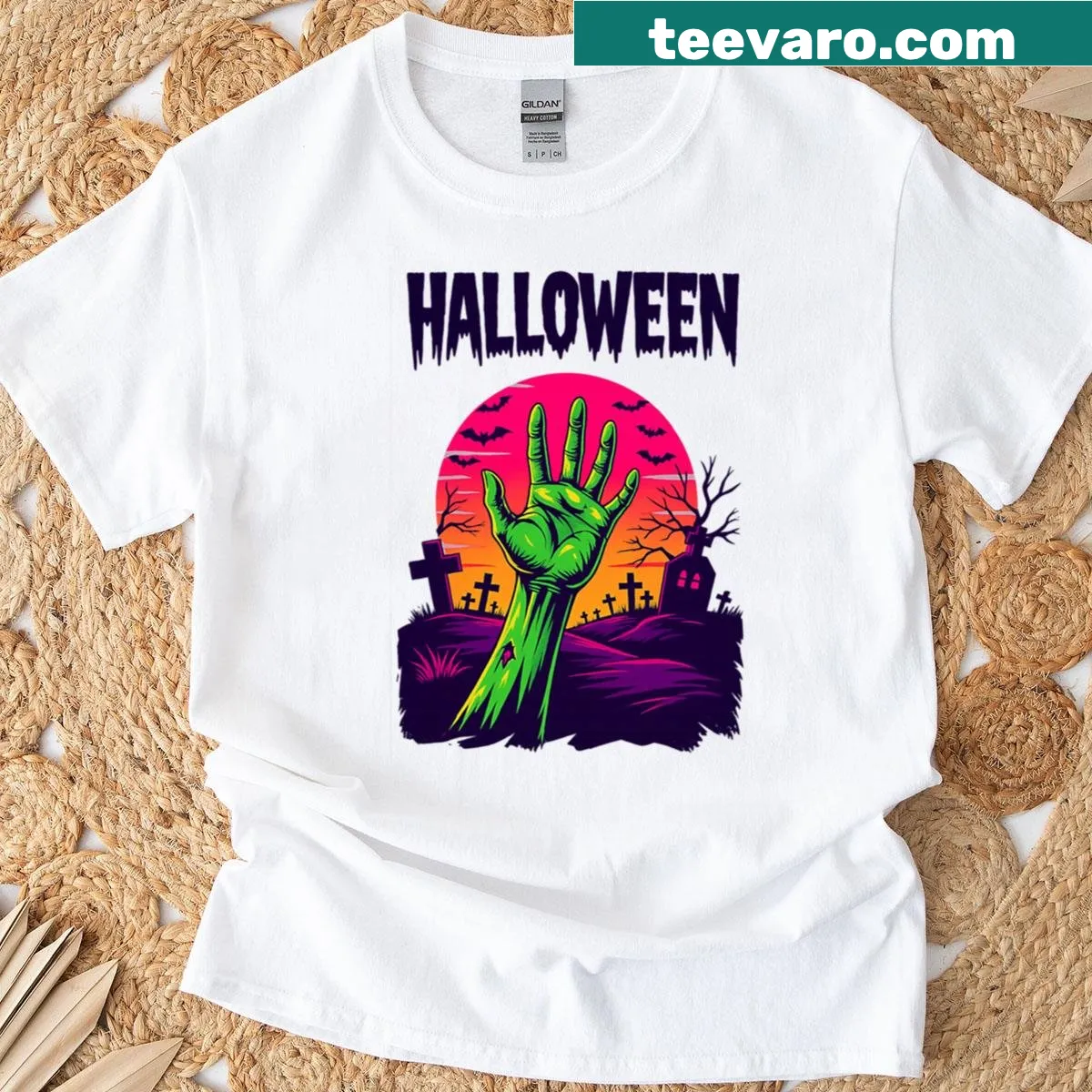 Halloween T-shirt featuring a zombie awakening illustration — on a men's t-shirt